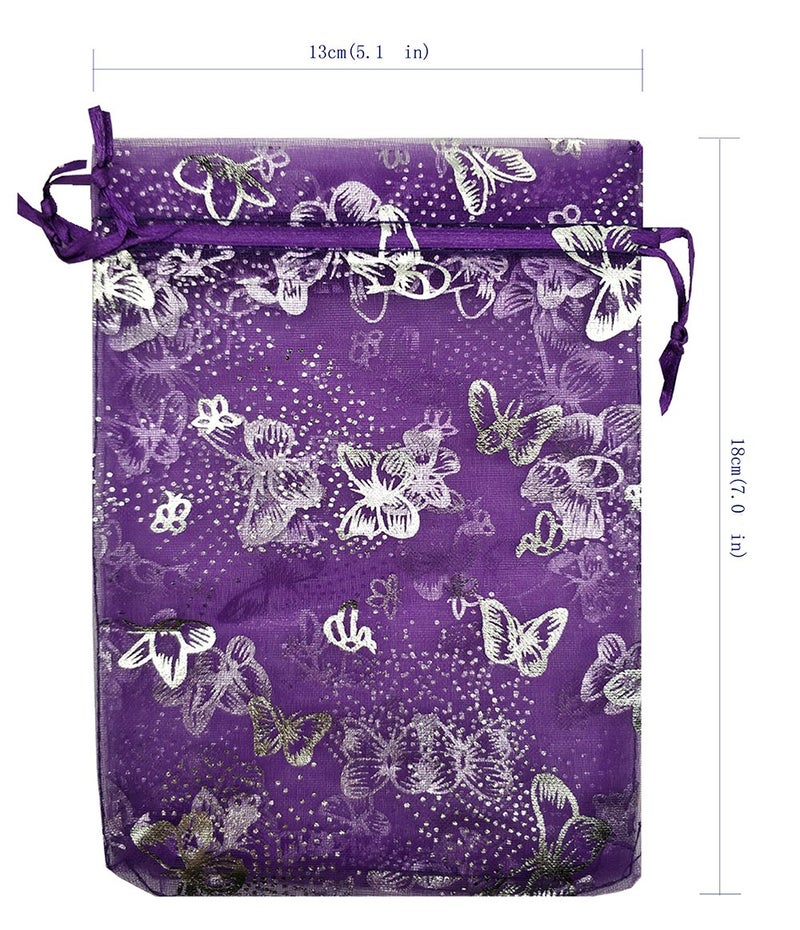 Ankirol 100pcs Sheer Organza Favor Bags Purple Butterfly Print For Wedding Gift Bags Samples Display Drawstring Pouches (5x7) - Image 2